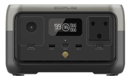 EcoFlow power station with digital display and multiple ports on a white background