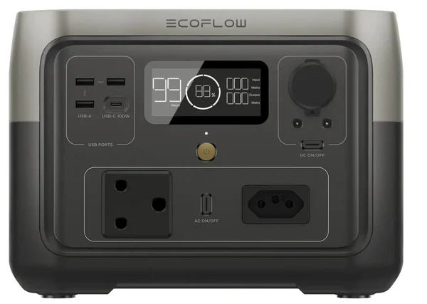 EcoFlow power station with multiple ports and display on a white background