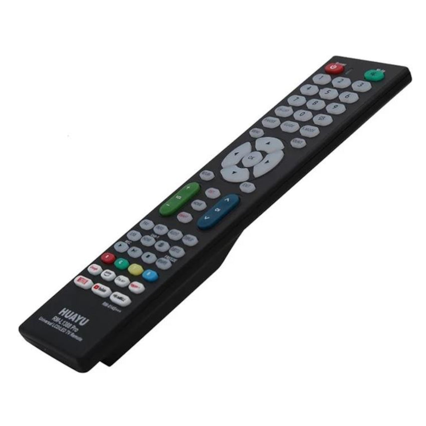 Black remote control with multiple buttons on a white background