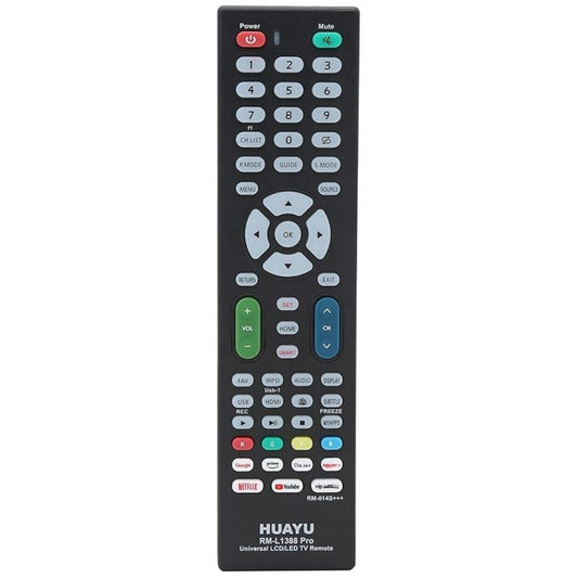 Black remote control with labeled buttons on a white background