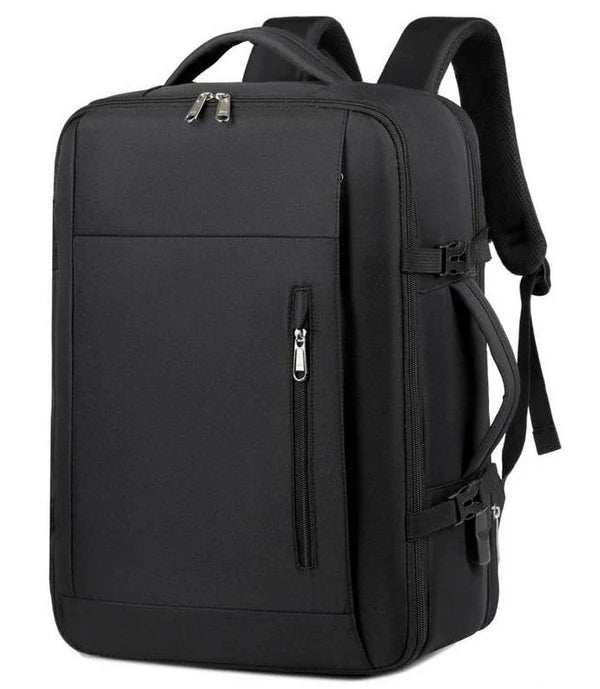 Black backpack with multiple zippers on a white background