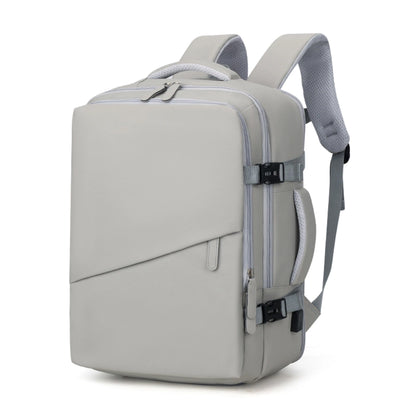 M-Link 15.6" Multi-compartment backpack with padded straps and handles in beige side view showing the zip compartments and the usb charging port. 