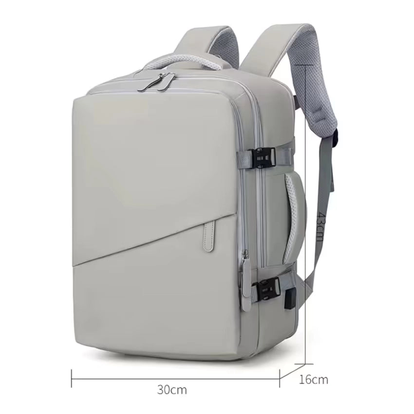 M-Link 15.6" Multi-compartment backpack with padded straps and handles in beige with measurements on a white background