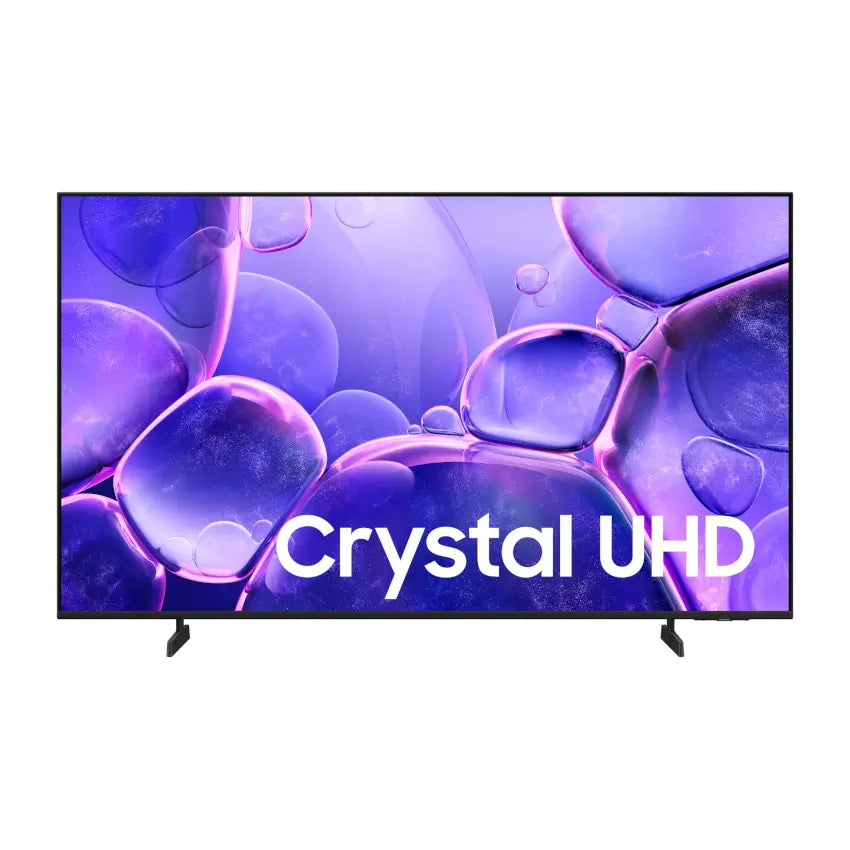 Front view of the Samsung 50" U8000F Crystal UHD 4K Smart TV with 'Crystal UHD' text on a purple abstract background