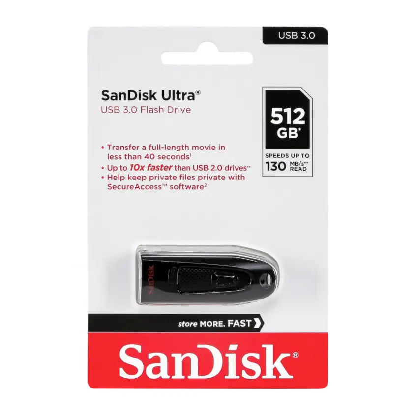 SanDisk Ultra 512 GB USB 3.0 flash drive in its original retail blister packaging, featuring a black and silver drive with a red and white SanDisk logo card.