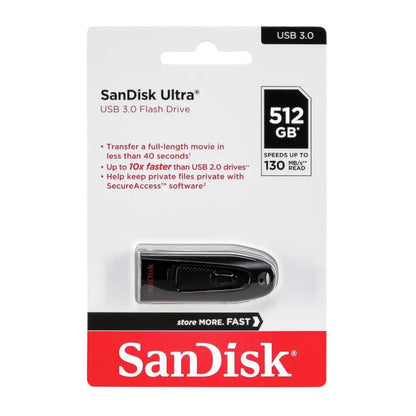 SanDisk Ultra 512 GB USB 3.0 flash drive in its original retail blister packaging, featuring a black and silver drive with a red and white SanDisk logo card.