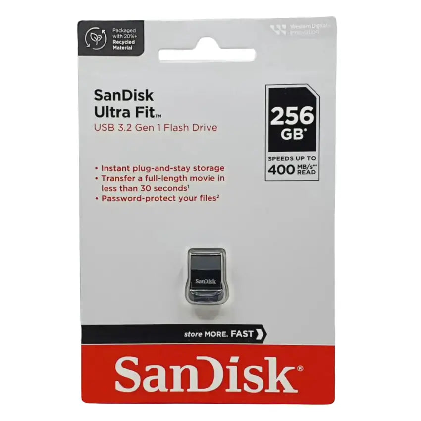SanDisk Ultra Fit USB 3.2 Flash Drive 256GB product packaging on a white background, featuring a laptop graphic, speed and capacity callouts, and the SanDisk logo.