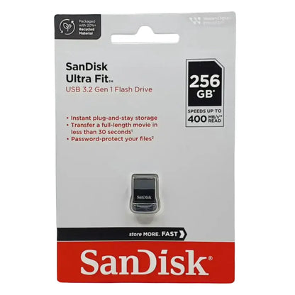 SanDisk Ultra Fit USB 3.2 Flash Drive 256GB product packaging on a white background, featuring a laptop graphic, speed and capacity callouts, and the SanDisk logo.