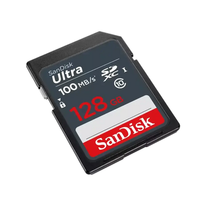 A SanDisk Ultra 128GB SDXC memory card shown at an angle on a plain white background.