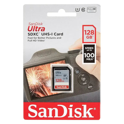 SanDisk Ultra 128GB SDXC UHS-I Card in its original retail blister packaging, featuring a camera graphic and product specifications.