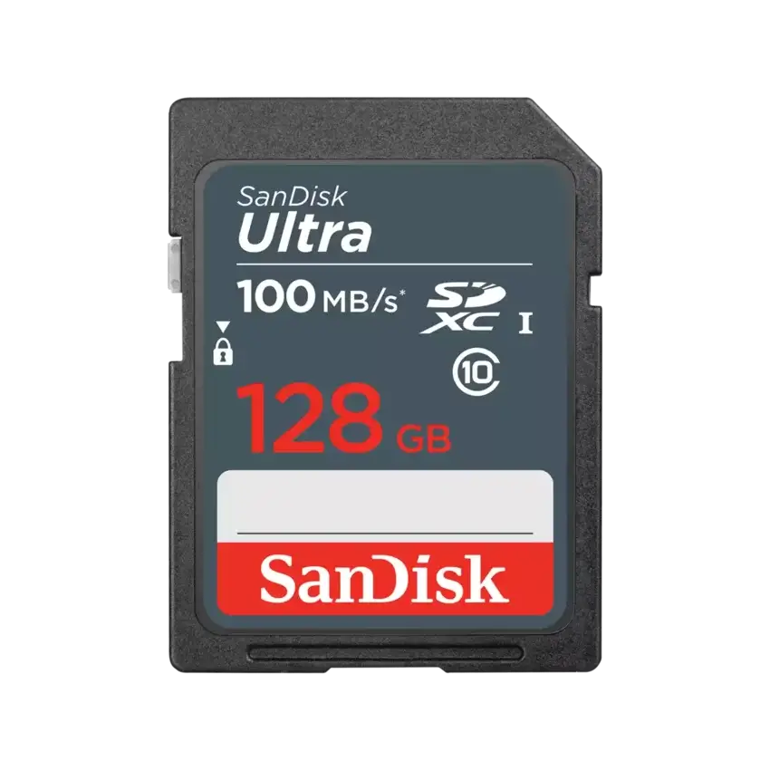SanDisk Ultra 128GB SDXC I card in a black plastic card case with a dark gray label, featuring red and white text and logos, on a plain white background.