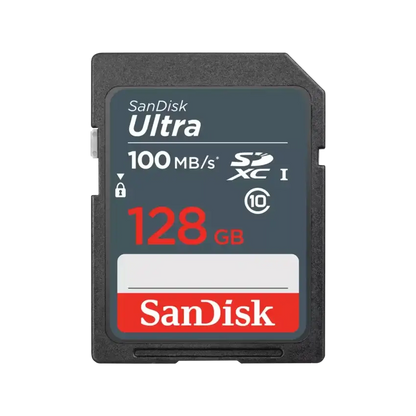 SanDisk Ultra 128GB SDXC I card in a black plastic card case with a dark gray label, featuring red and white text and logos, on a plain white background.