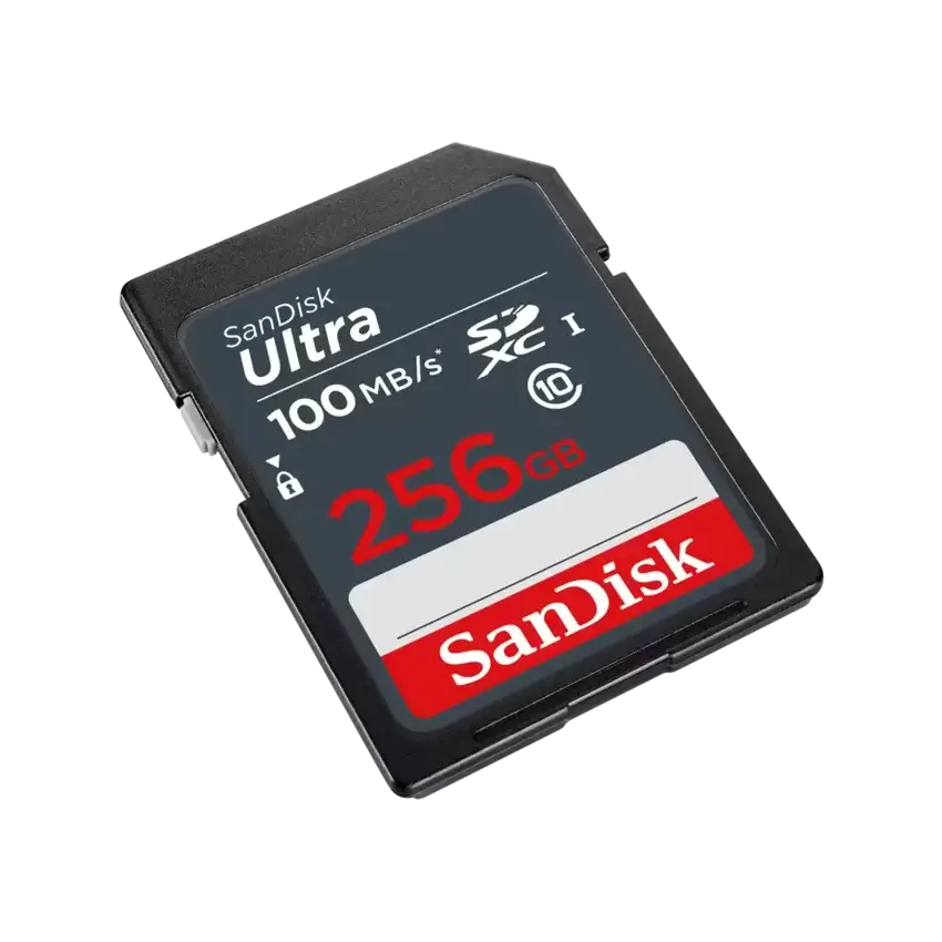 A SanDisk Ultra 256GB SDXC memory card shown at an angle on a plain white background.
