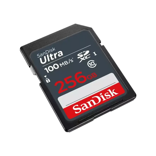 A SanDisk Ultra 256GB SDXC memory card shown at an angle on a plain white background.