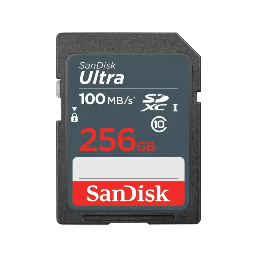 A SanDisk Ultra SDXC 256GB memory card shown from the front on a plain white background.