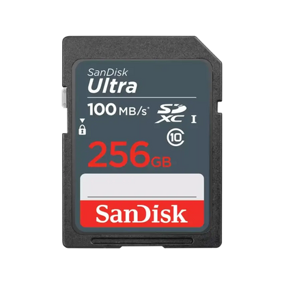 A SanDisk Ultra SDXC 256GB memory card shown from the front on a plain white background.