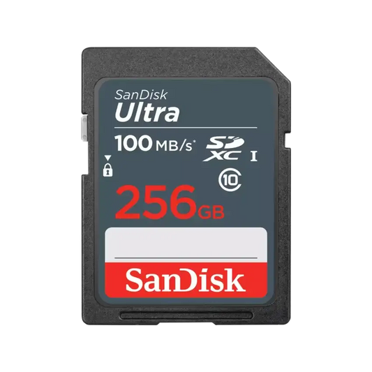 A SanDisk Ultra SDXC 256GB memory card shown from the front on a plain white background.