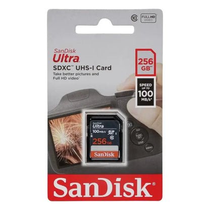 SanDisk Ultra 256GB SDXC UHS-I card in its original retail blister packaging, featuring a camera graphic and product specifications.