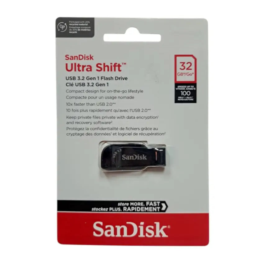 SanDisk Ultra Shift 32GB USB 3.2 Gen 1 flash drive in its original retail blister packaging, featuring a black and silver flash drive with a red and white SanDisk logo card backing.