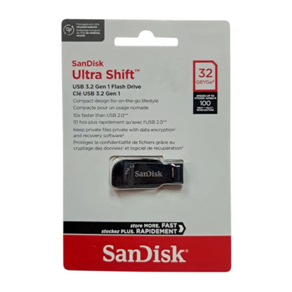 SanDisk Ultra Shift 32GB USB 3.2 Gen 1 flash drive in its original retail blister packaging, featuring a black and silver flash drive with a red and white SanDisk logo card backing.