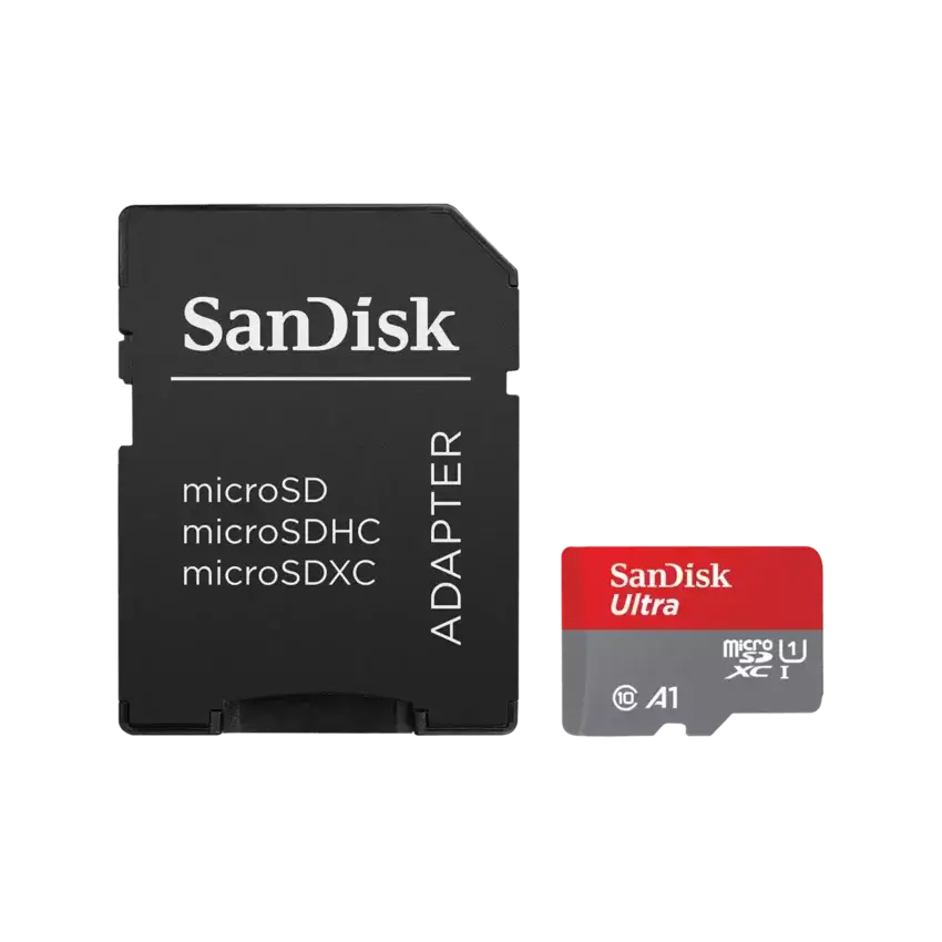 SanDisk microSD adapter and microSDXC Ultra card set on a plain white background, with the adapter on the left and the card on the right.