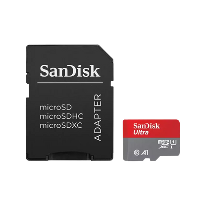 SanDisk microSD adapter and microSDXC Ultra card set on a plain white background, with the adapter on the left and the card on the right.
