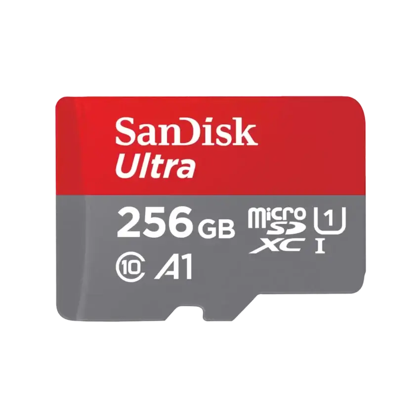 A SanDisk Ultra 256GB microSDXC card with a red and gray design, featuring white text for the brand and specifications, on a solid white background.