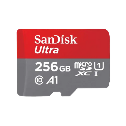 A SanDisk Ultra 256GB microSDXC card with a red and gray design, featuring white text for the brand and specifications, on a solid white background.