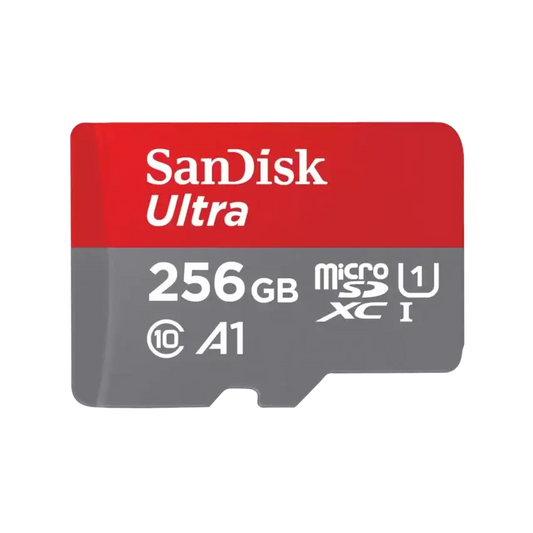 A SanDisk Ultra 256GB microSDXC card with a red and gray design, featuring white text for the brand and specifications, on a solid white background.