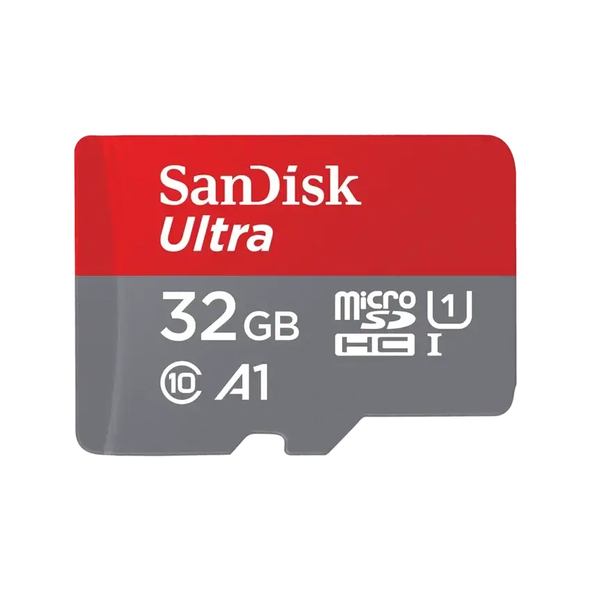 A SanDisk Ultra 32GB microSDHC memory card with a red and gray design, featuring white text and various standard icons, shown on a plain white background.
