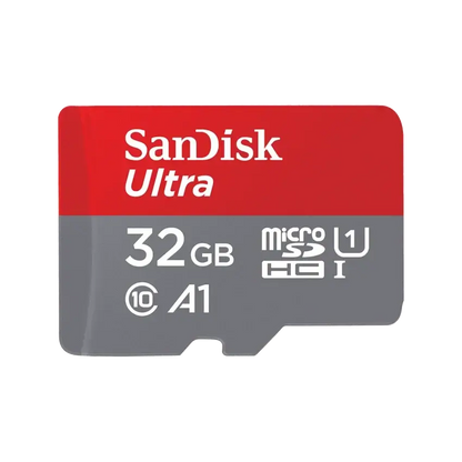 A SanDisk Ultra 32GB microSDHC memory card with a red and gray design, featuring white text and various standard icons, shown on a plain white background.