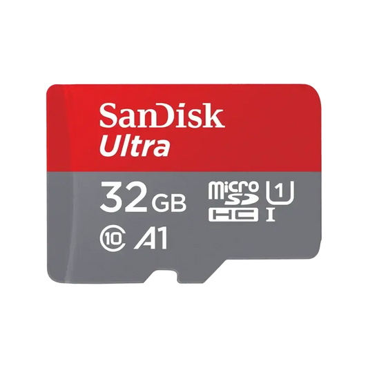 A SanDisk Ultra 32GB microSDHC memory card with a red and gray design, featuring white text and various standard icons, shown on a plain white background.