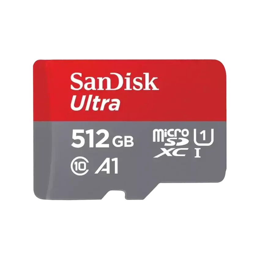 A SanDisk Ultra 512GB microSDXC card with a red and gray design, featuring white text and logos, on a solid white background.