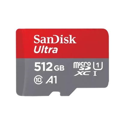 A SanDisk Ultra 512GB microSDXC card with a red and gray design, featuring white text and logos, on a solid white background.