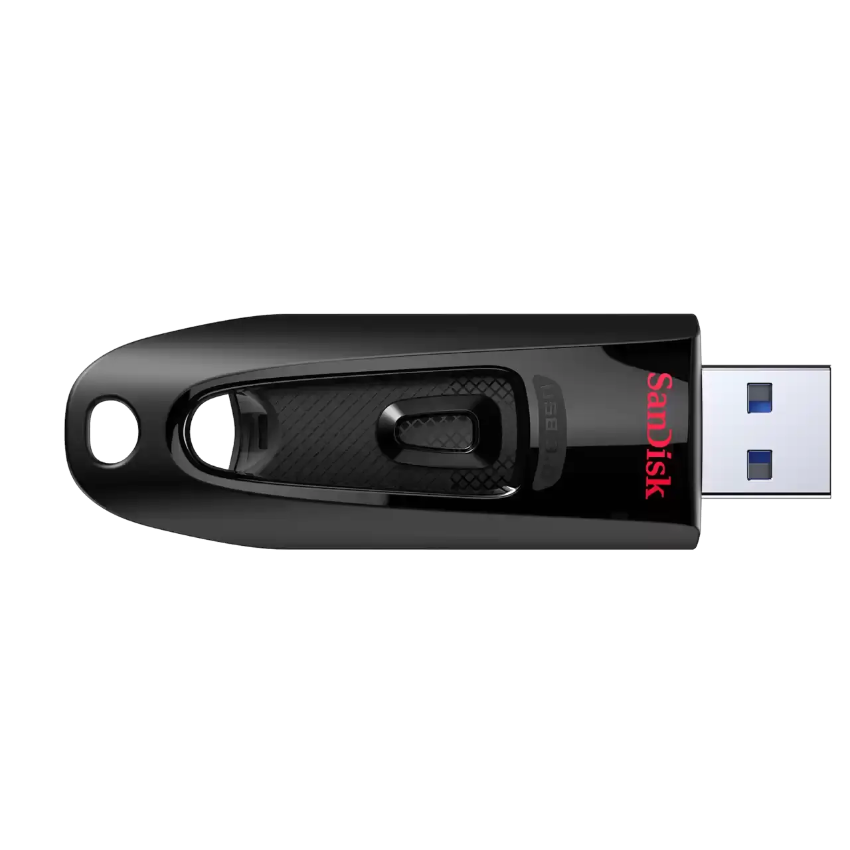A black SanDisk Ultra USB3.0 flash drive with a glossy finish and a red SanDisk logo, shown with the USB connector partially extended on a plain white background.