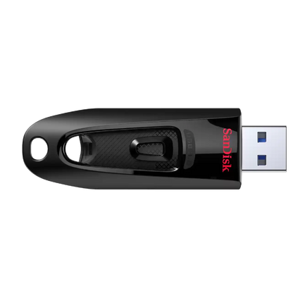 A black SanDisk Ultra USB3.0 flash drive with a glossy finish and a red SanDisk logo, shown with the USB connector partially extended on a plain white background.