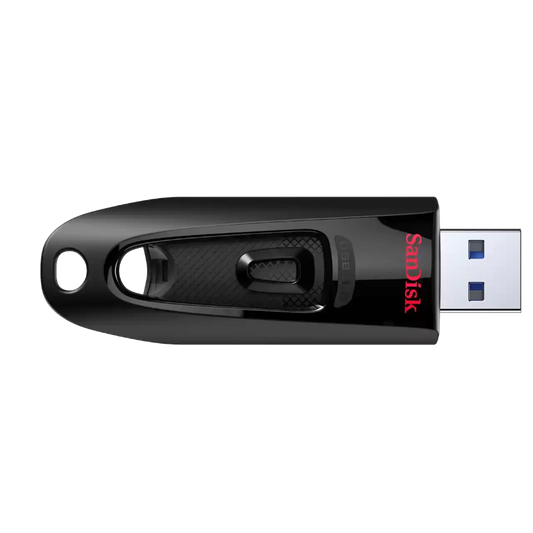 A black SanDisk Ultra USB3.0 flash drive with a glossy finish and a red SanDisk logo, shown with the USB connector partially extended on a plain white background.