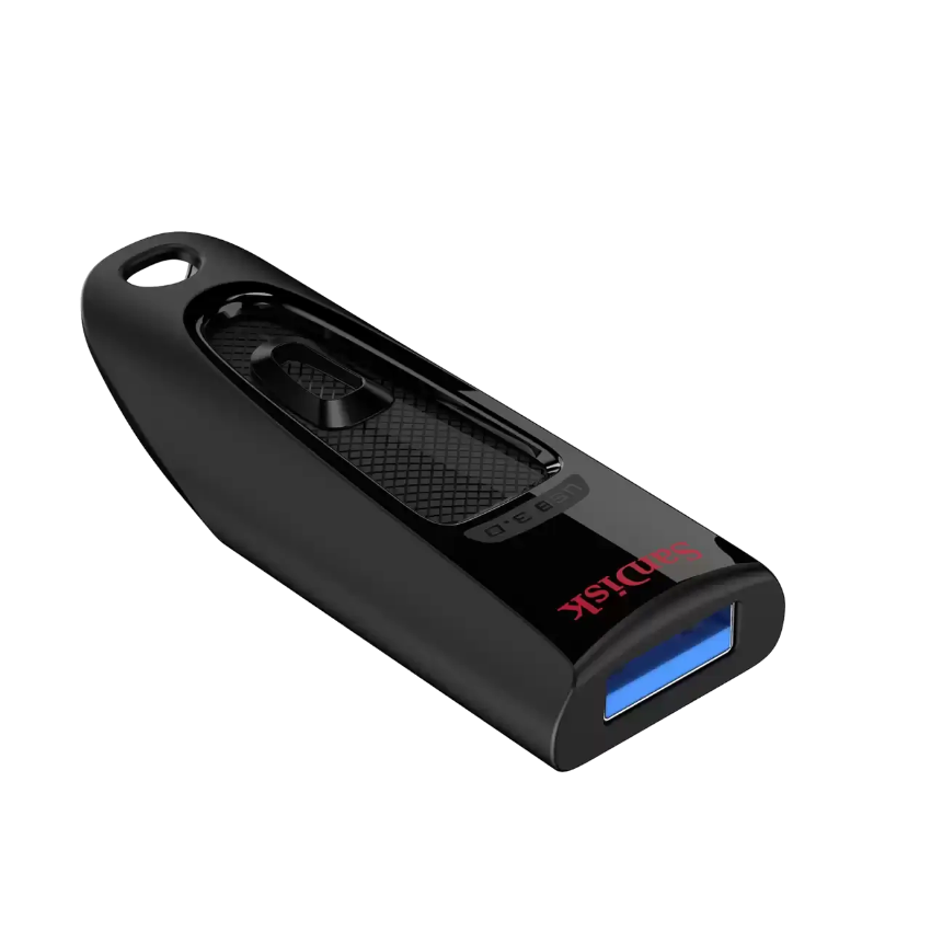 A black SanDisk USB flash drive with a red SanDisk logo and a blue USB 3.0 port, shown on a solid white background.