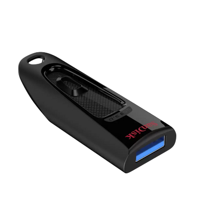 A black SanDisk USB flash drive with a red SanDisk logo and a blue USB 3.0 port, shown on a solid white background.