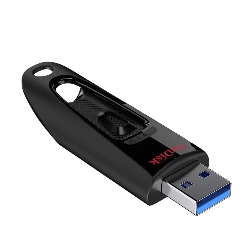 A black SanDisk Ultra USB3.0 flash drive with a sliding cap, featuring a red SanDisk logo and a blue USB 3.0 connector, shown on a solid white background.