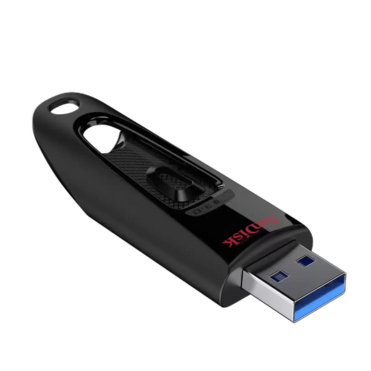 A black SanDisk Ultra USB3.0 flash drive with a sliding cap, featuring a red SanDisk logo and a blue USB 3.0 connector, shown on a solid white background.