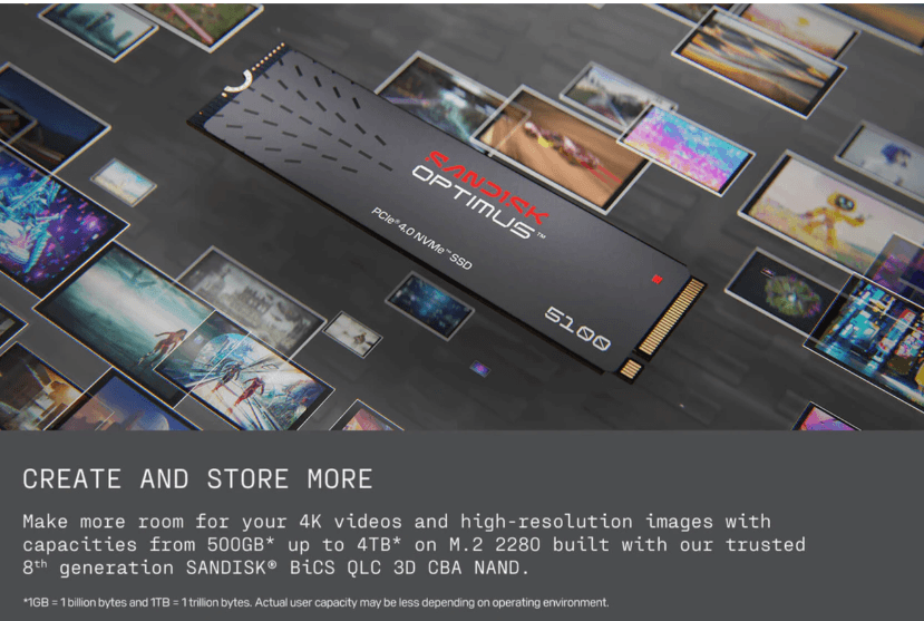 A Sandisk Optimus S10 500GB SSD shown diagonally on a dark surface surrounded by scattered smartphone and photo thumbnails, with promotional text at the bottom.