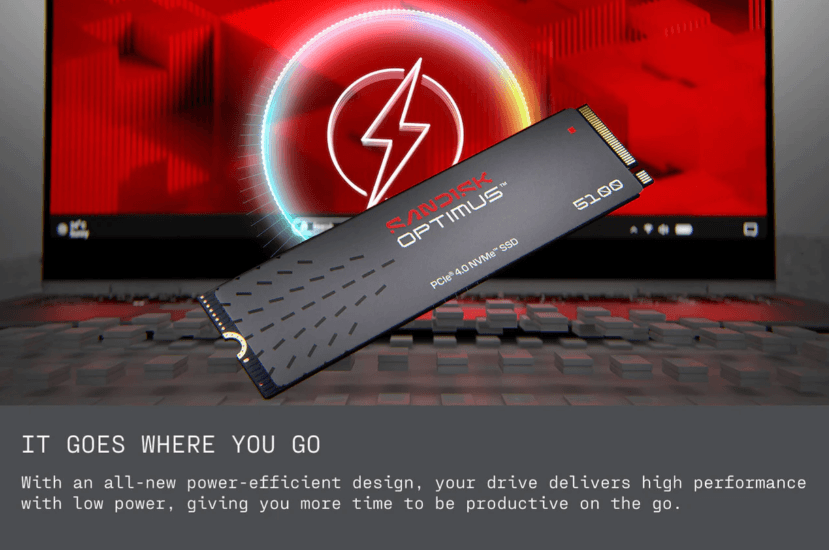 A Sandisk Optimus S1.99 SSD shown diagonally in front of a glowing red monitor and keyboard setup, with marketing text at the bottom.