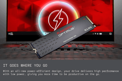 A Sandisk Optimus S1.99 SSD shown diagonally in front of a glowing red monitor and keyboard setup, with marketing text at the bottom.
