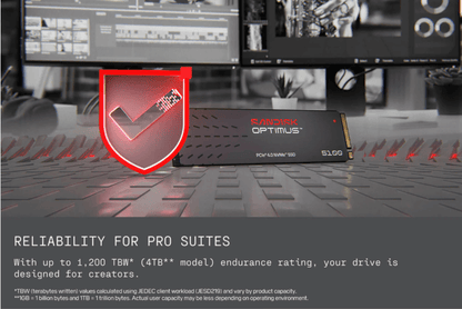 SanDisk Optimus SSD drive displayed on a dark desk in front of blurred computer monitors, with a red shield graphic overlay and marketing text at the bottom.
