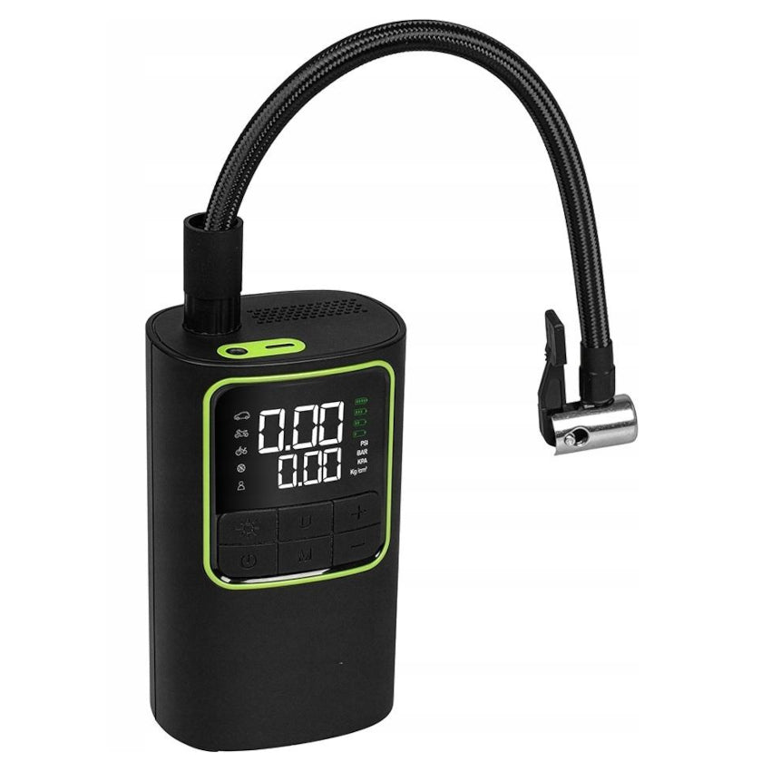 Front view of the M-link SAP portable air pump with its digital display.