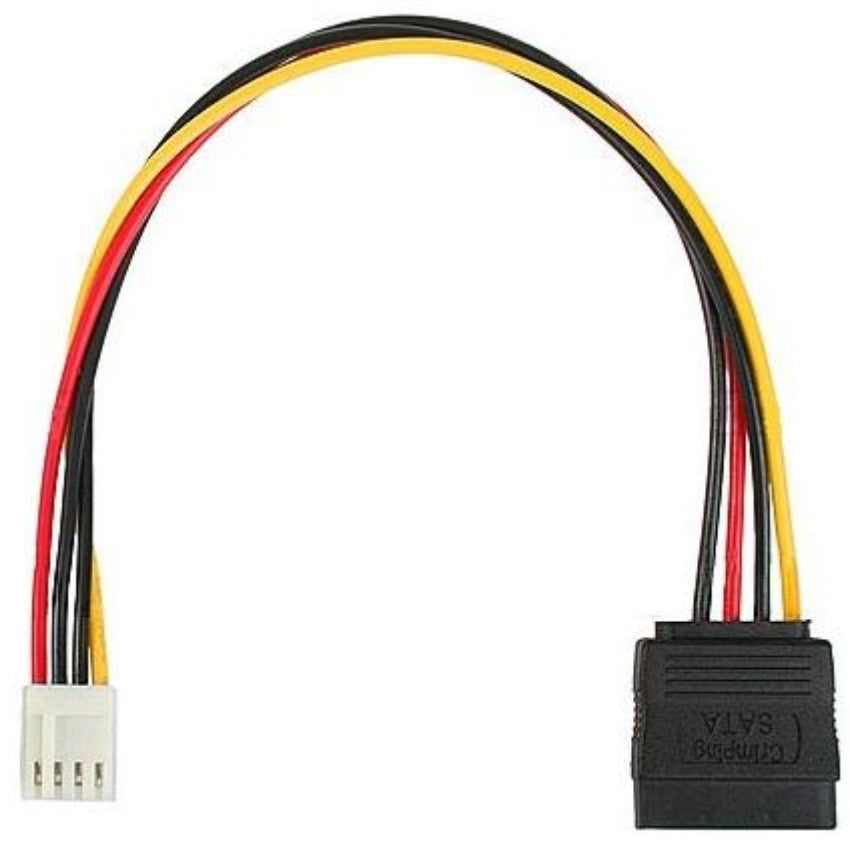 Computer power cable with red, yellow, and black wires on a white background