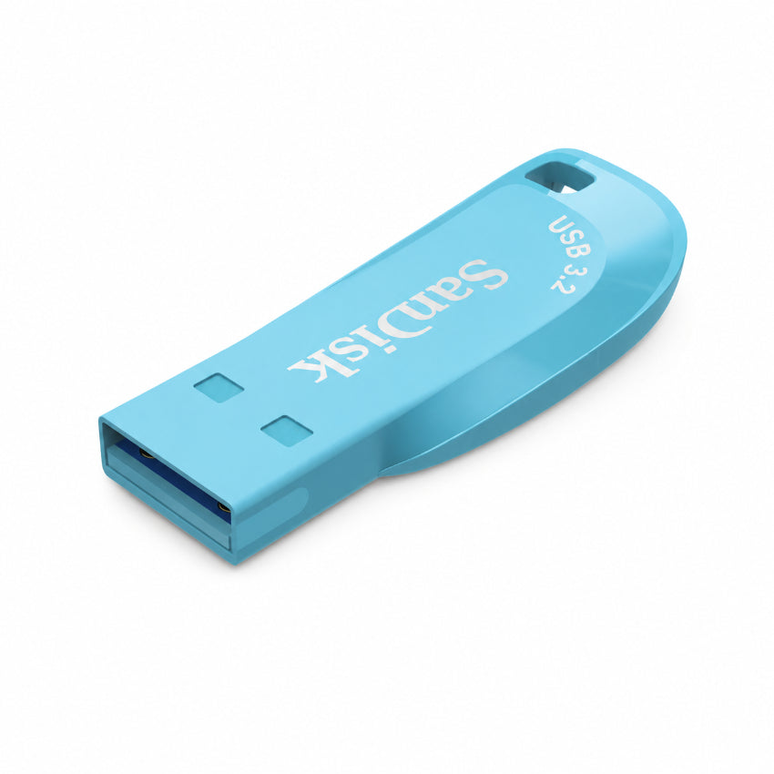 A light blue Sandisk Ultra Shift USB flash drive on a clean white background.