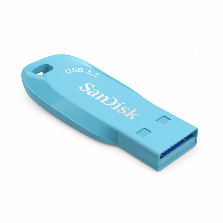 A light blue SanDisk Ultra Shift USB 3.2 flash drive with a glossy finish and white printed branding, shown on a clean white background.