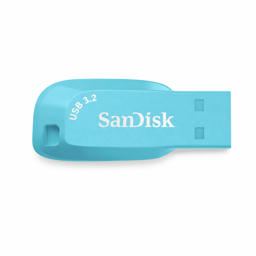 A light blue SanDisk Ultra Shift USB 3.2 flash drive with a white logo, shown on a clean white background.